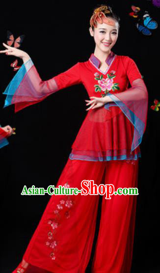 Traditional Chinese Yangko Group Dance Red Veil Clothing Folk Dance Fan Dance Stage Performance Costume for Women
