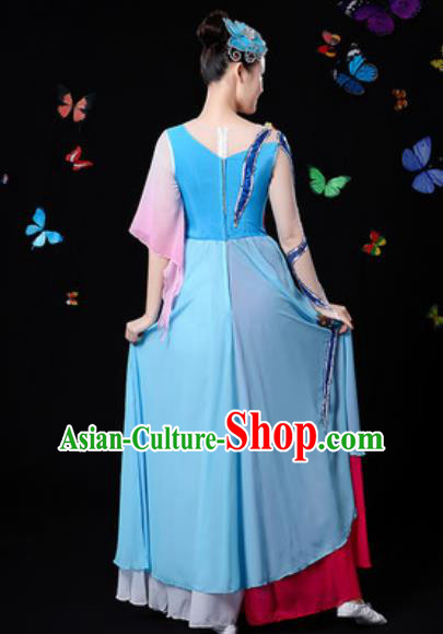 Chinese Traditional Classical Dance Blue Dress Umbrella Dance Group Dance Stage Performance Costume for Women