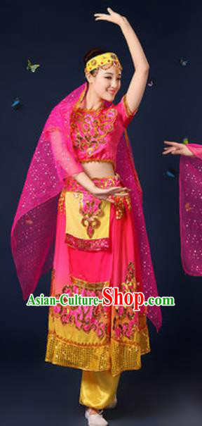 Traditional Chinese Minority Ethnic Dress Uyghur Nationality Dance Stage Performance Rosy Costume for Women