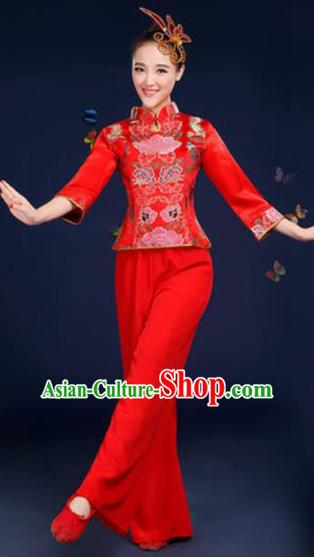 Traditional Chinese Fan Dance Red Satin Clothing Folk Dance Yangko Stage Performance Costume for Women