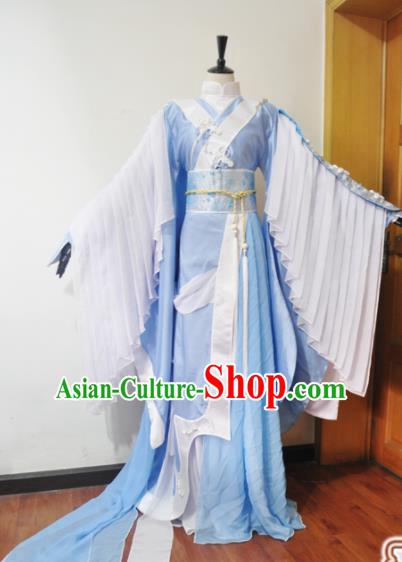 Traditional Chinese Cosplay Court Princess Blue Hanfu Dress Ancient Swordswoman Embroidered Costume for Women