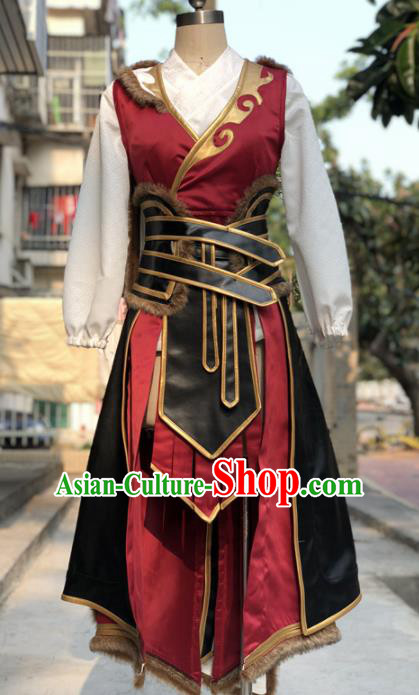 Traditional Chinese Cosplay Female Knight Red Hanfu Dress Ancient Swordswoman Embroidered Costume for Women