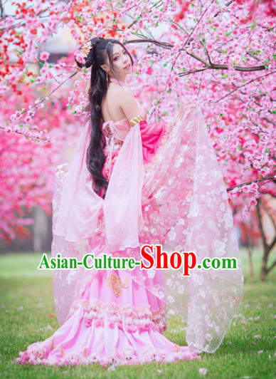 Traditional Chinese Tang Dynasty Princess Pink Hanfu Dress Ancient Peri Embroidered Costume for Women