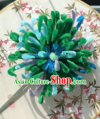 Traditional Chinese Qing Dynasty Green Velvet Chrysanthemum Hairpins Handmade Ancient Palace Hair Accessories for Women