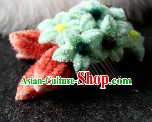 Traditional Chinese Qing Dynasty Green Velvet Flowers Hair Comb Hairpins Handmade Ancient Palace Hair Accessories for Women
