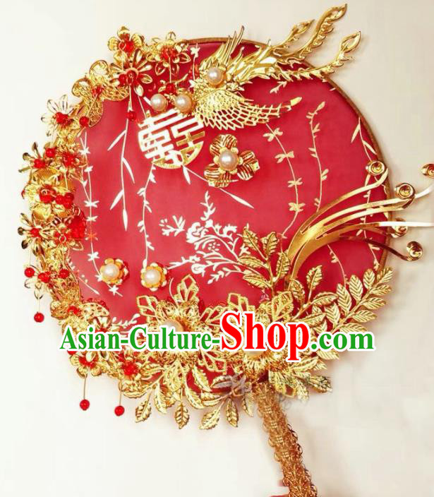 Traditional Chinese Wedding Palace Fans Ancient Palace Bride Red Round Fan Accessories for Women
