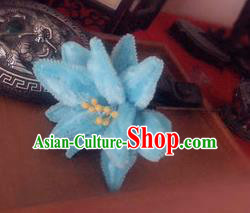 Traditional Chinese Qing Dynasty Blue Velvet Lotus Hairpins Handmade Ancient Manchu Lady Hair Accessories for Women