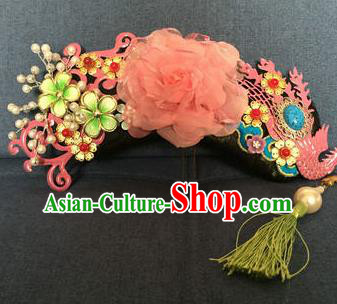 Traditional Chinese Qing Dynasty Palace Pink Phoenix Coronet Headwear Ancient Manchu Lady Hair Accessories for Women