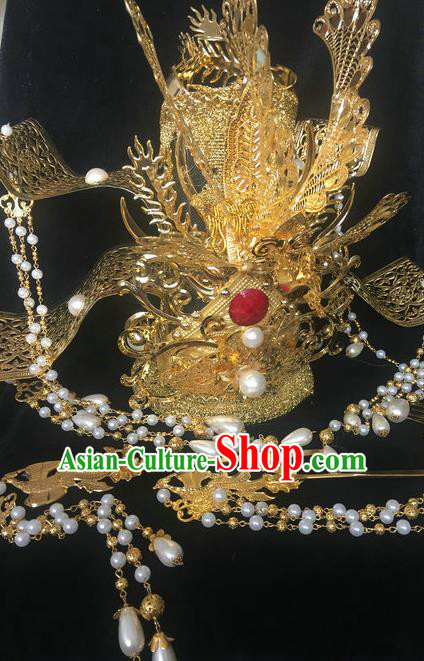 Traditional Chinese Tang Dynasty Queen Golden Phoenix Coronet Hairpins Handmade Ancient Palace Hair Accessories for Women
