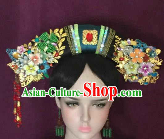 Traditional Chinese Qing Dynasty Imperial Consort Flowers Tassel Headwear Ancient Manchu Lady Hair Accessories for Women