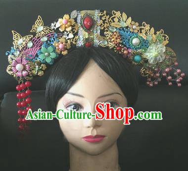 Traditional Chinese Qing Dynasty Princess Red Beads Tassel Headwear Ancient Manchu Lady Hair Accessories for Women