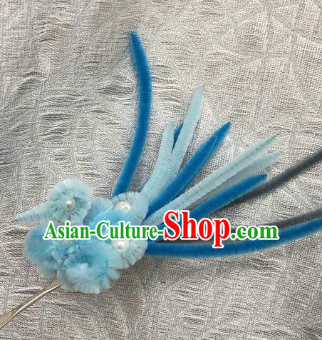 Traditional Chinese Handmade Palace Hair Accessories Ancient Qing Dynasty Blue Velvet Bird Hairpins for Women