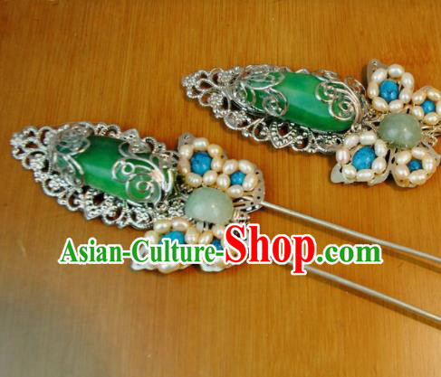 Traditional Chinese Qing Dynasty Princess Jade Hairpins Handmade Ancient Manchu Lady Hair Accessories for Women