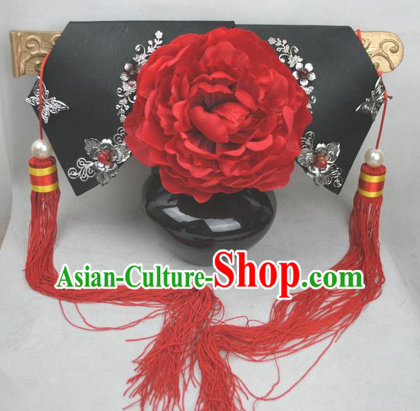Traditional Chinese Qing Dynasty Princess Red Peony Headwear Ancient Palace Lady Hair Accessories for Women