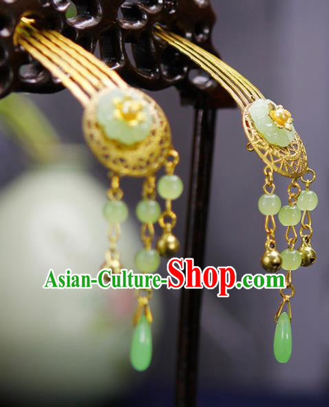 Traditional Chinese Handmade Green Beads Tassel Hair Combs Hanfu Hairpins Ancient Bride Hair Accessories for Women