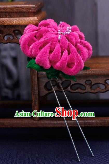 Traditional Chinese Handmade Qing Dynasty Rosy Velvet Chrysanthemum Hairpins Ancient Imperial Consort Hair Accessories for Women