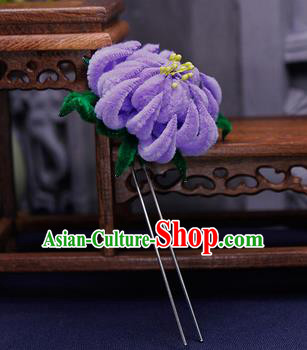 Traditional Chinese Handmade Qing Dynasty Purple Velvet Chrysanthemum Hairpins Ancient Imperial Consort Hair Accessories for Women