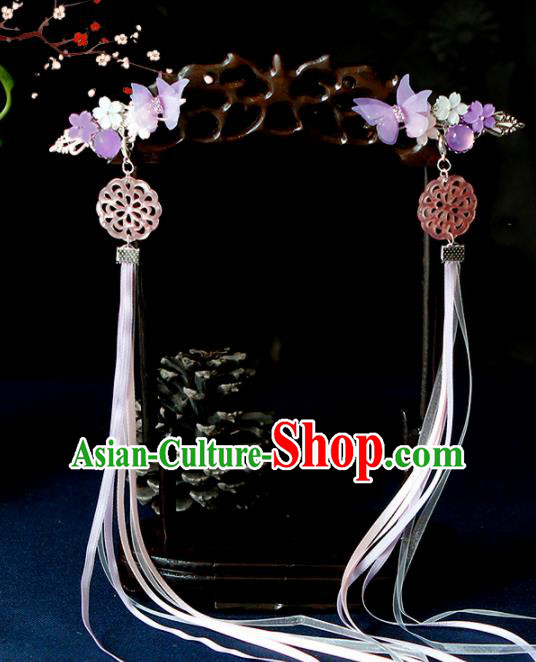 Traditional Chinese Handmade Long Ribbon Purple Butterfly Hair Claws Hairpins Ancient Princess Hair Accessories for Women