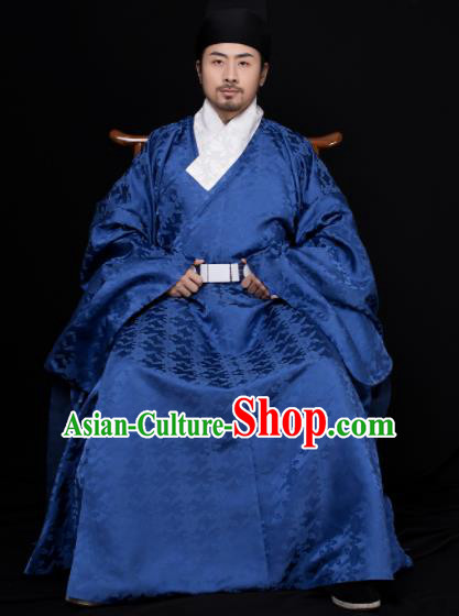 Chinese Ancient Taoist Priest Royalblue Robe Traditional Ming Dynasty Minister Embroidered Historical Costume for Men