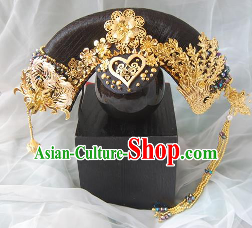 Chinese Qing Dynasty Manchu Imperial Consort Golden Phoenix Headwear Hairpins Ancient Handmade Queen Hair Accessories for Women