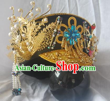 Chinese Qing Dynasty Manchu Imperial Consort Royal Golden Phoenix Hat Headwear Hairpins Ancient Handmade Queen Hair Accessories for Women