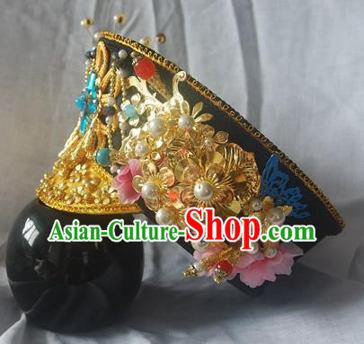 Chinese Qing Dynasty Manchu Imperial Consort Royal Golden Phoenix Hat Headwear Hairpins Ancient Handmade Queen Hair Accessories for Women