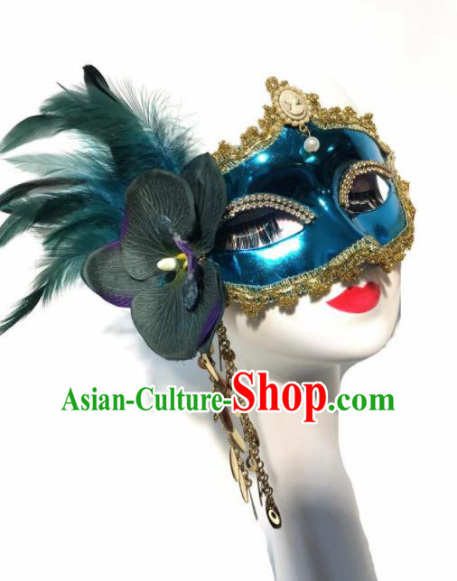 Top Halloween Stage Show Face Accessories Brazilian Carnival Catwalks Blue Feather Mask for Women