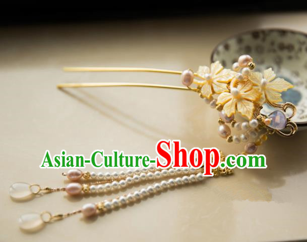 Chinese Handmade Hanfu Pearls Tassel Hairpins Maple Leaf Hair Clip Traditional Ancient Princess Hair Accessories for Women