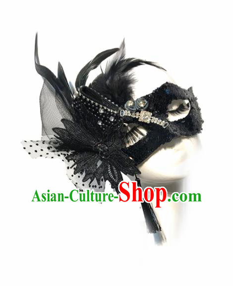 Top Halloween Stage Show Accessories Brazilian Carnival Catwalks Black Feather Veil Face Mask for Women