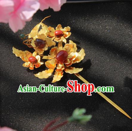 Chinese Handmade Hanfu Golden Peony Agate Hairpins Traditional Ancient Princess Hair Accessories for Women