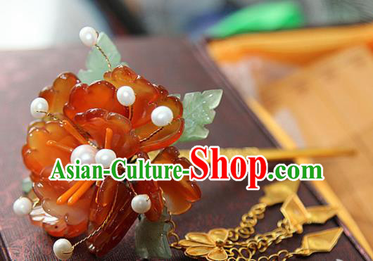 Chinese Handmade Hanfu Red Peony Hairpins Traditional Ancient Princess Hair Accessories for Women