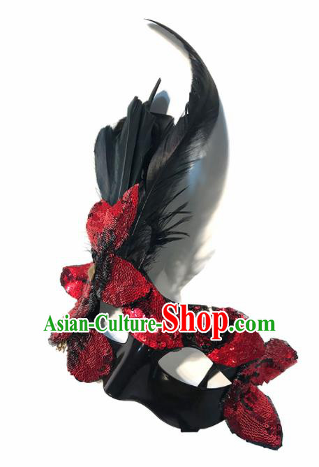 Top Halloween Stage Show Red Paillette Feather Face Mask Brazilian Carnival Catwalks Accessories for Women