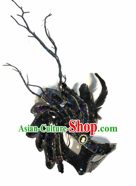 Top Halloween Stage Show Black Paillette Feather Face Mask Brazilian Carnival Catwalks Accessories for Women
