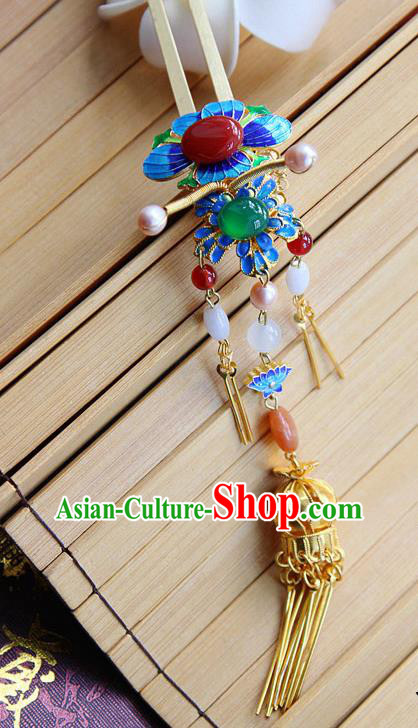 Chinese Handmade Hanfu Golden Tassel Blueing Hairpins Traditional Ancient Princess Hair Accessories for Women