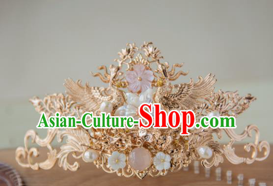 Chinese Handmade Hanfu Crane Pearls Hair Crown Hairpins Traditional Ancient Princess Hair Accessories for Women