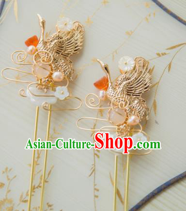Chinese Handmade Hanfu Crane Pearls Hairpins Traditional Ancient Princess Hair Accessories for Women