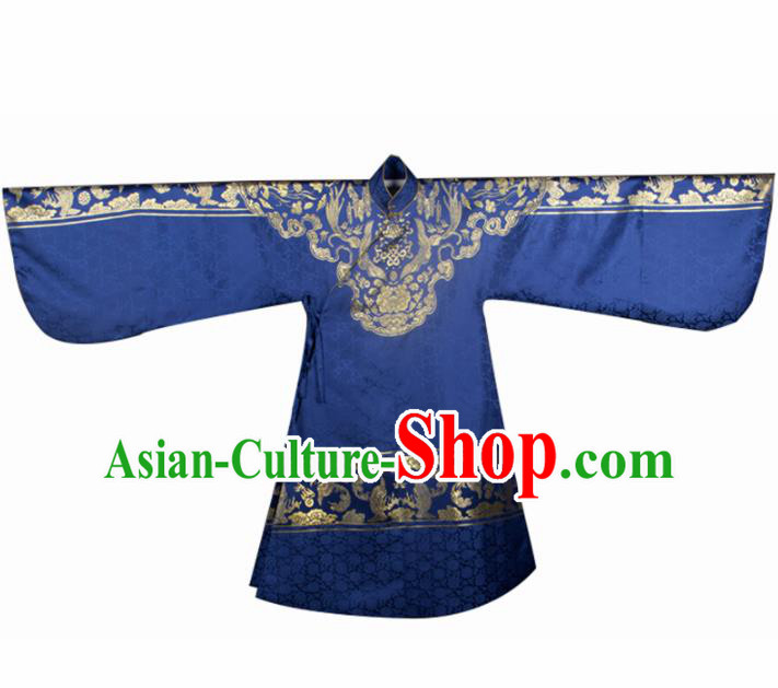 Chinese Ancient Ming Dynasty Royal Dowager Royalblue Hanfu Dress Traditional Imperial Madame Embroidered Historical Costume for Women