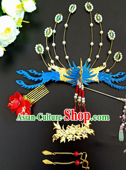 Chinese Handmade Hanfu Palace Blue Phoenix Coronet Tassel Hairpins Traditional Ancient Princess Hair Accessories for Women