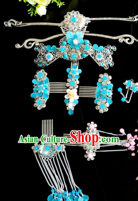 Chinese Handmade Hanfu Palace Hairpins Blue Flowers Phoenix Coronet Traditional Ancient Princess Hair Accessories for Women