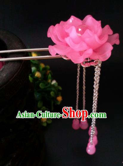 Chinese Handmade Hanfu Palace Hairpins Pink Peony Tassel Hair Clip Traditional Ancient Princess Hair Accessories for Women