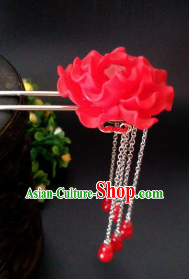 Chinese Handmade Hanfu Palace Hairpins Red Peony Tassel Hair Clip Traditional Ancient Princess Hair Accessories for Women