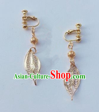 Handmade Chinese Classical Golden Leaf Ear Accessories Ancient Princess Hanfu Earrings for Women