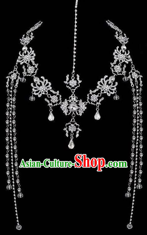 Traditional Chinese Handmade Crystal Hair Clasp Tang Dynasty Hanfu Tassel Frontlet Ancient Imperial Consort Hair Accessories for Women