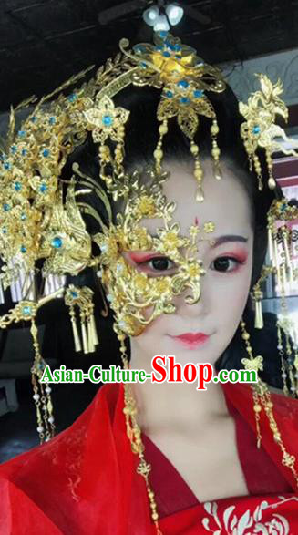Chinese Handmade Hanfu Palace Golden Phoenix Coronet Mask Hairpins Traditional Ancient Imperial Consort Hair Accessories for Women