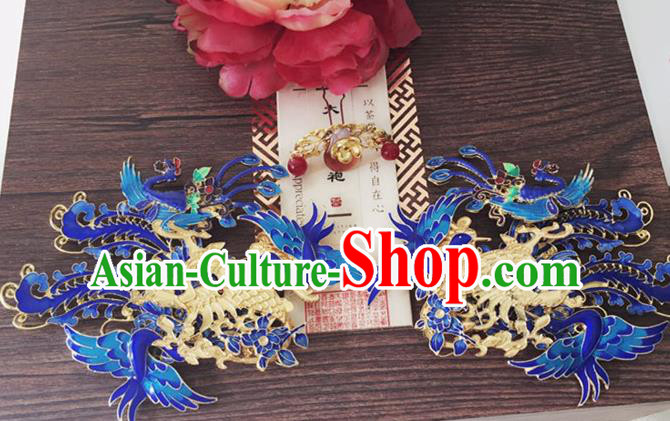 Chinese Handmade Hanfu Qing Dynasty Blueing Phoenix Hairpins Traditional Ancient Imperial Consort Hair Accessories for Women
