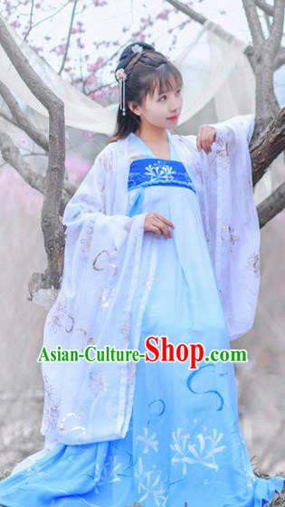 Chinese Ancient Peri Goddess Embroidered Hanfu Dress Traditional Tang Dynasty Historical Costume for Women