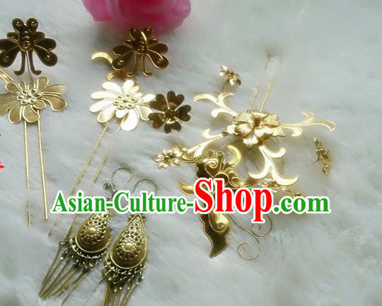 Handmade Chinese Tang Dynasty Princess Golden Hairpins Hair Clips Ancient Traditional Hanfu Hair Accessories for Women