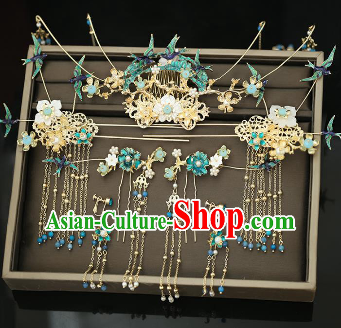 Handmade Chinese Ancient Wedding Blueing Birds Tassel Phoenix Coronet Hairpins Traditional Bride Hanfu Hair Accessories for Women