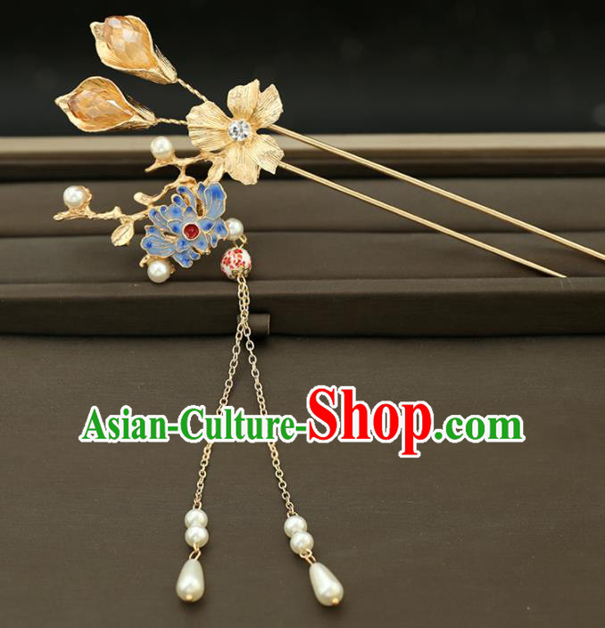 Handmade Chinese Traditional Hair Accessories Ancient Princess Blueing Lotus Hairpins for Women