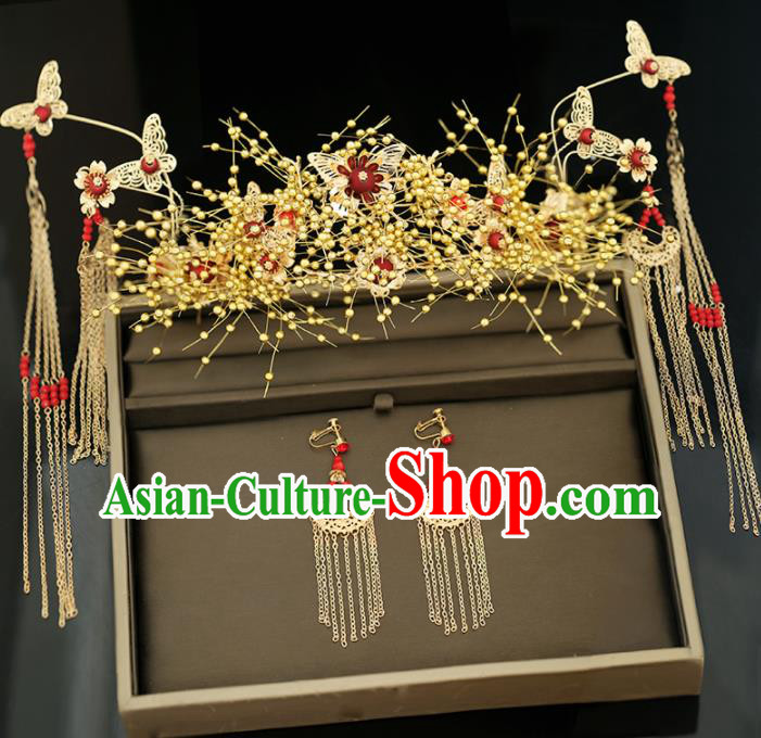Handmade Chinese Ancient Wedding Golden Tassel Phoenix Coronet Hairpins Traditional Bride Hanfu Hair Accessories for Women
